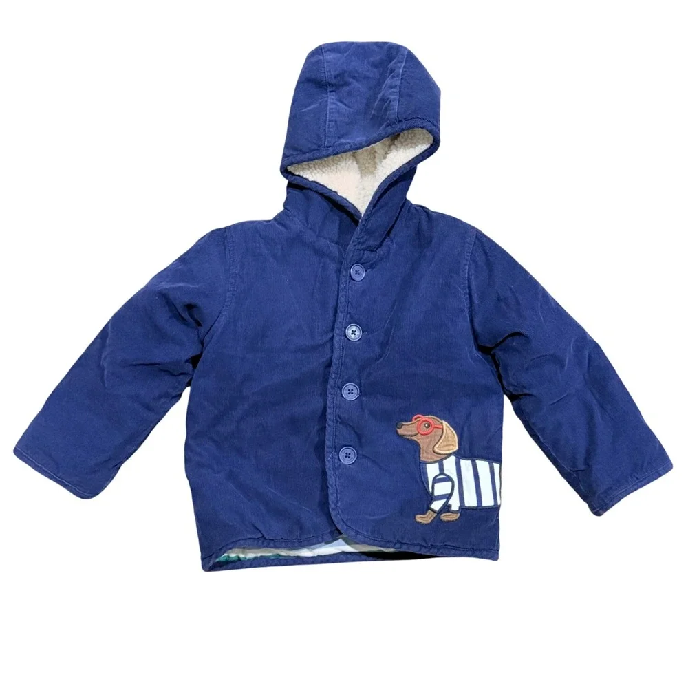 Baby Boden Navy Blue Corduroy‎ Hooded Dachshund Dog Coat 3-4Y